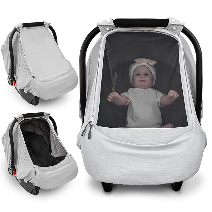 Baby Car Seat Cover,Sunproof Car Seat Canopy for Babies, Extra Large Mesh Window Baby Car Seat Sun Shade Cover,Infant Carseat Covers for Summer/Autumn Use(Gray)