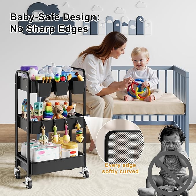 Baby Diaper Caddy Organizer and Storage, 3 Tier Rolling Cart with Wheels for Newborn Nursery Essentials, Baby Organizers for Changing Table, Crib, Bedroom, Movable Bedside Organizatio (Black)