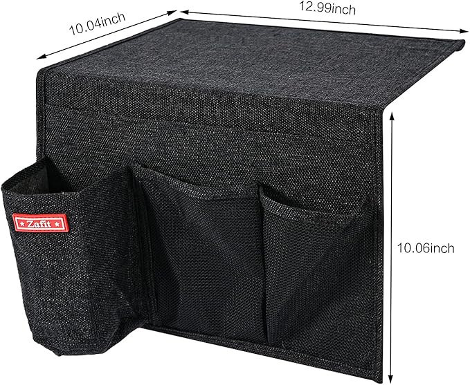 Linen 4 Pockets Bedside Caddy, Bedside Storage Organizer with Water Bottle Holder for Magazine, Remotes, Phone (Black)