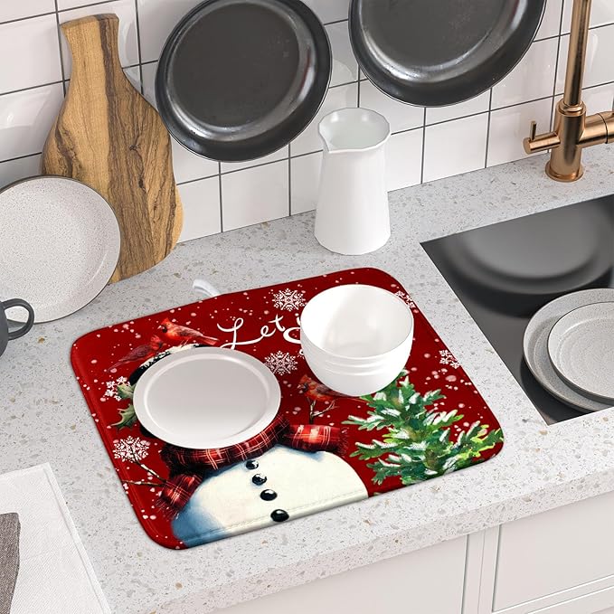 Winter Snowflake Red Dish Drying Mat for Kitchen Counter,Xmas Trees Snowman Cardinal Bird Drying Mat 16 x 18 Inch with High Absorbent Microfiber Drainer Mat for Coffee Bar