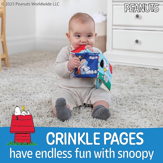 Kids Preferred Peanuts Snoopy Baby Stuff Fun Crinkle Book with On The Go Travel Clip Teether Soft Sensory Book for Babies & Toddlers, 5.25x5.25 Inches