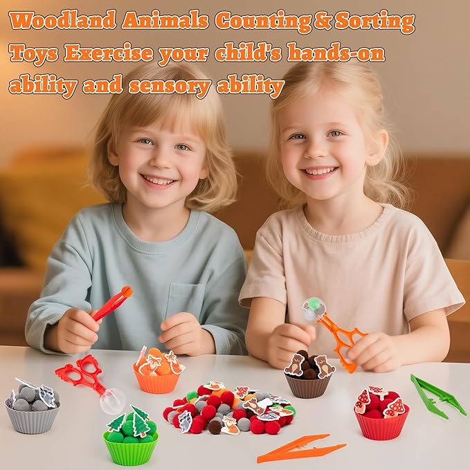 EZdhuawuse Woodland Animals Sensory Bin Fillers - Valentine's Day Gift 266Pcs Sping Animals Fine Motor Toys Sorting Stacking Toys for Kids, Felt Fox Bear Pom Poms Cup Clip for Preschool Education