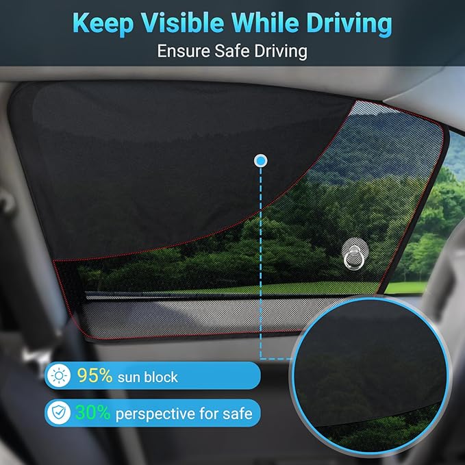 DIZA100 Front Window Sun Shade, 2 Pack Half Blackout & Half See-Through Magnetic Car Side Window Sunshades with Fixed Suction Cup, Car Window Curtain UV Protection for Driver
