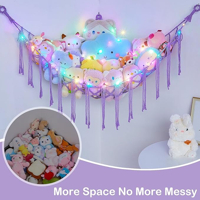 Basumee Stuffed Animals Net or Hammock with LED Light, Hanging Stuffed Animals Storage Toy Hammock Net Corner Wall Girls Room Decor Toy Storage Organizer, Purple, L