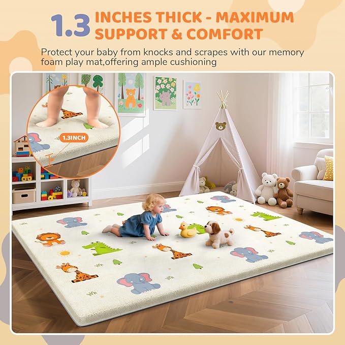 Omzer Baby Play Mat for Floor: Soft & Safe - 1.3'' Thick Foam Playpen Mat with Machine Washable Removable Cloth Cover for Tummy Time- Non Slip Crawling Pad for Toddler,Infant,Kids(Beige, 65''x 50'')
