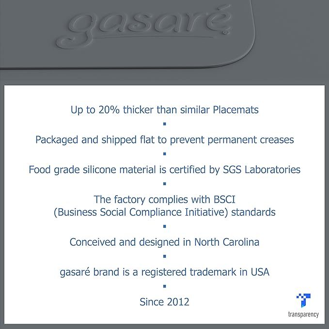 GASARÉ, Placemats Set of 4, Silicone Placemats, Table Mats, Non-Slip, Easy to Clean, Heat Resistant, Flexible, 20% Thicker, 16 x 12 inches x 1.1mm, Gray
