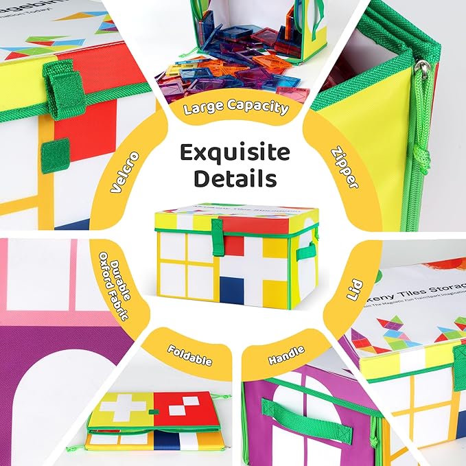 Magnetic Tiles Storage Bin & Interactive Playmat - Foldable Toy Organizer for Magnetic Tile, Portable Kids Storage with Handles,12.6x11.4x7.7inPlay Space for Home,Travel,Classroom,Outdoor Adventures