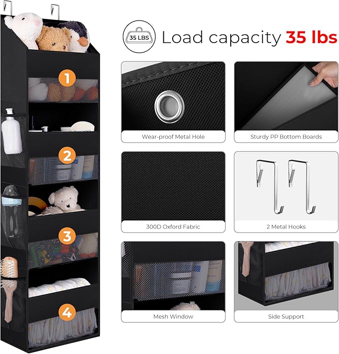 GRANNY SAYS Over The Door Organizer, 4-Shelf Waterproof Behind Door Storage with 6 Pockets and Clear Window, Anti Tilt 35lb Large Capacity Hanging Organizer for Baby Diapers, Toys Storage, Black