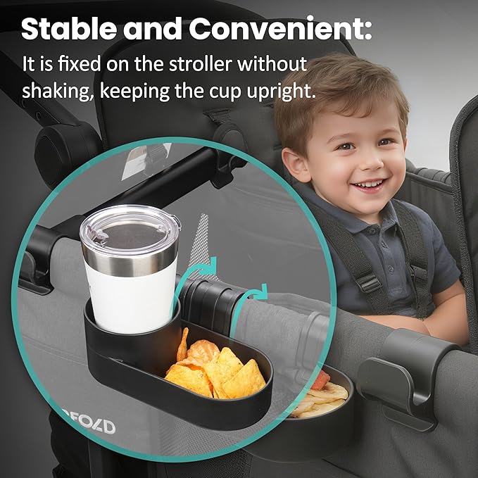 Forward-Facing Support Bar + 4-Pack Stroller Wagon Snack Tray with Spill-Proof Cup Holders - Wonderfold Accessories Compatible with WONDERFOLD W4 Elite/Luxe 4-Seater Wagons, Detachable & Easy Install