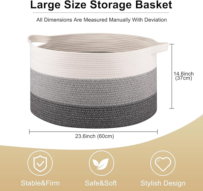 OIAHOMY 105L Blanket Basket for Living Room, Large Basket 23.6" x 23.6" x 14.6" with Handle, Laundry Hamper for Blankets, Pillows, Toy Storage for Kids, Dogs - Gradient Grey