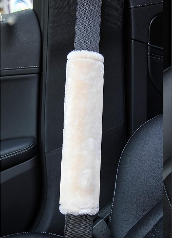 Amooca Soft Faux Fur Universal Fit Seatbelt Cover Car Truck SUV Airplane Seat Belt Shoulder Pad for Carmera Backpack Straps Neck Cushion Protector 2 Pack 10.5in Beige