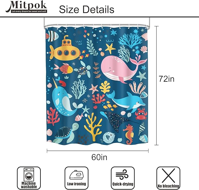 Navy Blue Kids Shower Curtain 60Wx72H Kid Ocean Summer Cartoon Whale Cute Funny Fish Sea Animal Underwater Submarine Coastal Bathroom Decor Boy Girl Bath Curtain Polyester 12 Pack Hooks