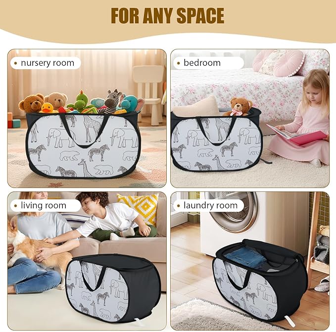 Seefoo Cute Storage Basket with Zipper Lid, Collapsible Toy Basket with Handles - Foldable, Lightweight Sturdy Fabric Animal Print Toy Bin for Kids Room, Boys/Girls Room, Playroom, Bedroom, Black