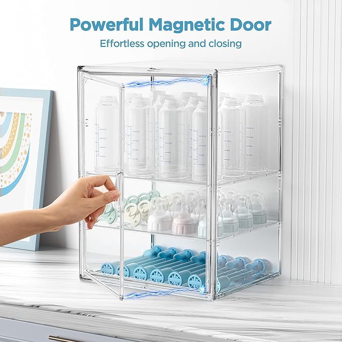 HBlife Baby Bottle Storage Organizer for Countertop Cabinet, 3 Tiers Adjustable Clear Acrylic Bottles Storage Station Case Box Container with 2 Removable Dividers and Magnetic Door, X-Large