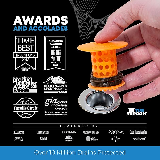 TubShroom Bathtub Drain Hair Catcher – In-Drain Tub Strainer & Clog Prevention Protector, Fits Standard 1.4”–1.75” Tub Drains, Easy Clean, Captures Human & Pet Hair out of Sight (Orange)