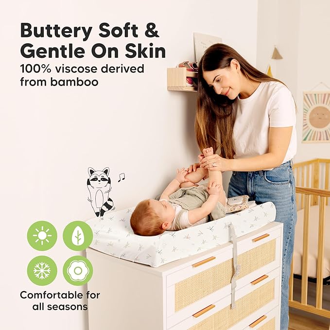 2-Pack Baby Changing Pad Cover for Girl, Boy - 34x18 Soft Viscose Derived from Bamboo Baby Diaper Changing Table Pad Cover Sheets, Neutral, Snug Fit Nursery Diaper Change Sheets (Meadow)