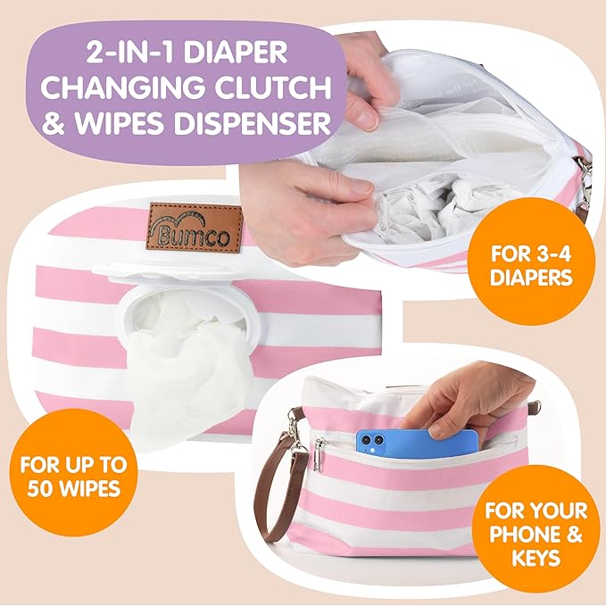 Bumco Diaper Clutch Bag and Mini Cream Spatula - Baby Travel Essentials, Small Bag with Wipes Dispenser, BPA-Free Butt Spatula, Mini Cream Applicator with Case