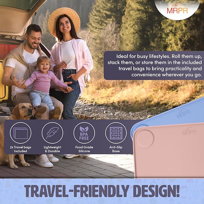 MRPR Silicone Suction Placemats for Toddlers – BPA-Free, Non-Slip, Dishwasher-Safe – Raised Edges, Travel Bags, Heat-Resistant – Mess-Free Mealtime for Home & On-The-Go