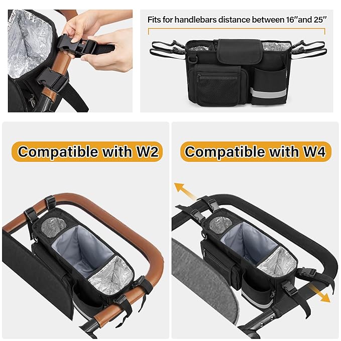 Parent Console Stroller Organizer Compatible with WONDERFOLD W&X, 2 Insulated Cup Holders, A Removable Cooler Bag, Black, Patented Design