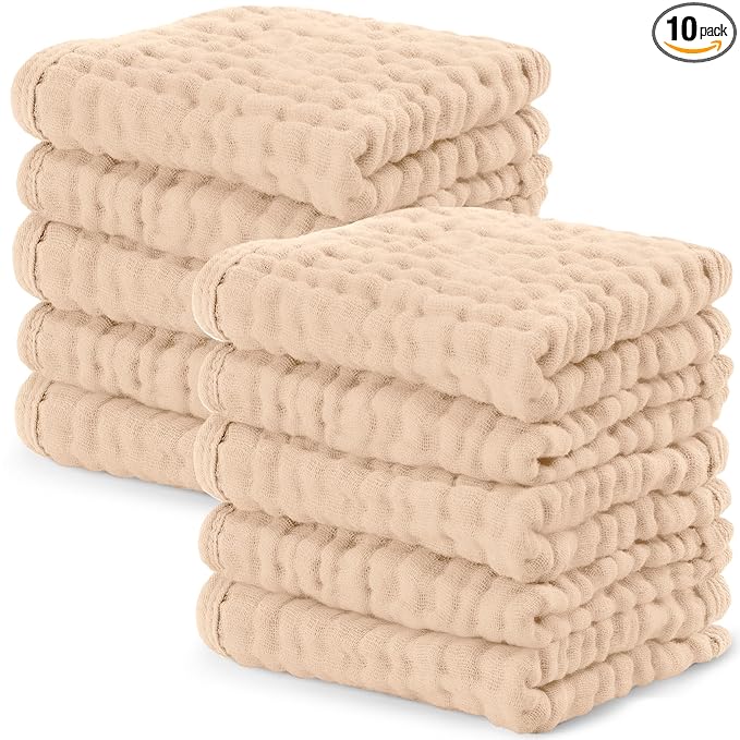Comfy Cubs Muslin Baby Washcloths 10 Pack - Soft 6-Layer Cotton Wash Cloths for Sensitive Skin - 10"x10" Large, Gentle, Absorbent Infant Essentials for Newborn and Toddlers - Cream