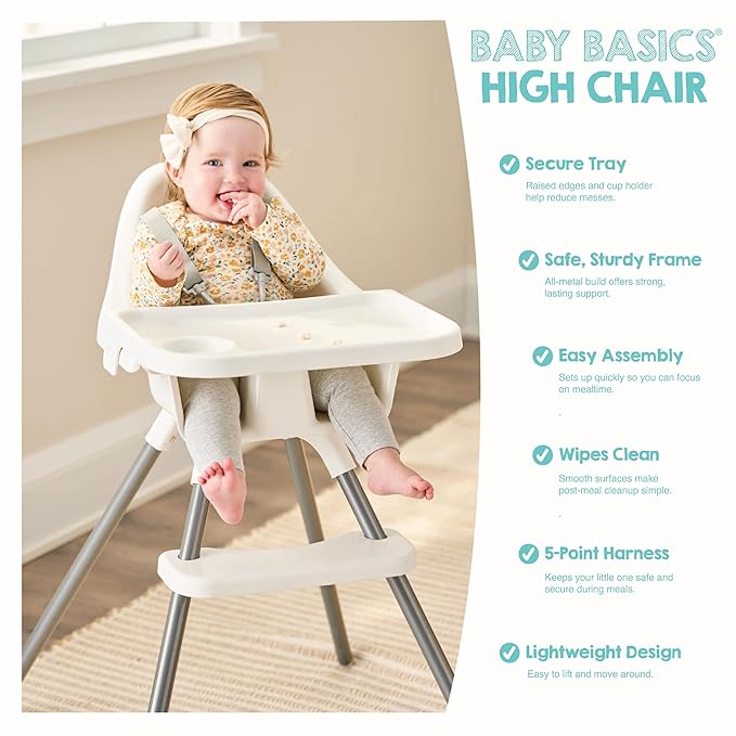 Regalo Baby Basics® High Chair for Babies and Toddlers, Baby High Chair with Removable Oversized Tray & Cup Holder, 5-Point Harness, Easy to Clean Toddler High Chair, White
