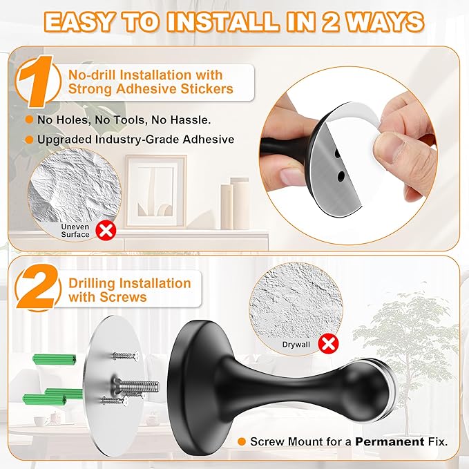 Crosize Magnetic Door Stoppers 1 Pack, Stainless Steel Door Stops for Wall and Floor Mounting, Gate Stops, No Drilling Metal Doorstops with Adhesive Tapes, Black