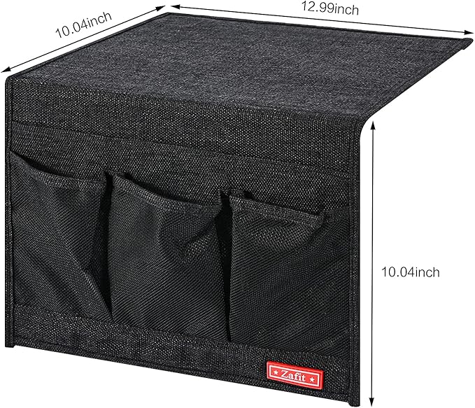Linen 4 Pockets Bedside Caddy, Bedside Storage Organizer for Magazine, Remotes, Phone (Classic Black)