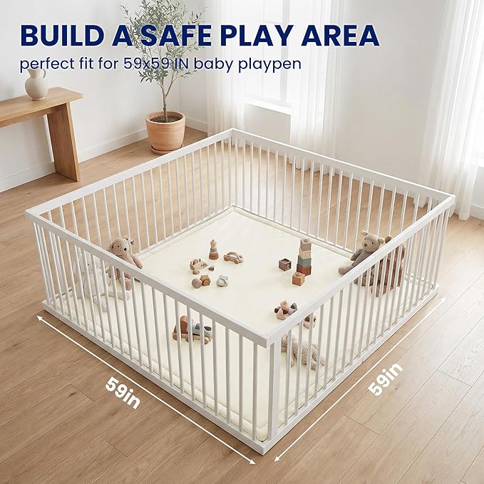 Huloo Sleep Ultra Soft Baby Play Mat for Floor, 1.3" Thick Elasti-Foam 59x59 Play Mat for Playpen,Water-Repellent Coral Velvet for Tummy Time, Non-Slip Backing,Safe for Toddlers & Infants（Cream）