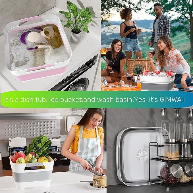 GIMWA Portable Camping Sink, Dish Tub for Outdoor Camp Sink Washing Bottles,Hands and Fruit,Foldable Wash Basin Gray JW1423GY, Medium
