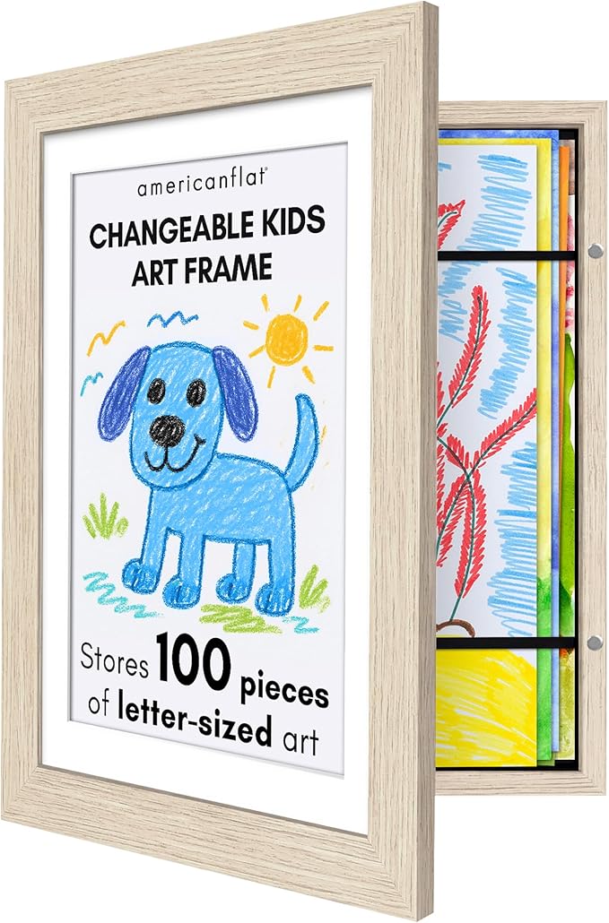 Americanflat Kids Artwork Frame Changeable (Light Wood) - Magnetic Door Holds 100 Art Pieces - 8.5x11 Letter Size Display with Mat or 10x12.5 Without Mat - My Mini Masterpiece