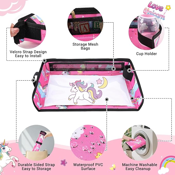 COOLBEBE Airplane Tray Table Cover, Foldable Travel Tray Cover for Toddlers 1-3, Universal Fit for Airplane, Car Seat, High Chair, Machine Washable, Portable, Pink Unicorn