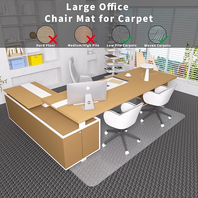 Office Chair Mat for Carpeted Floor, 63"x51" Clear Desk Mat for Carpet Large Protector Floor Mat On Low Pile Carpets, Easy Glide Rolling Plastic Floor Mat, Computer Chair Mat for Home Office