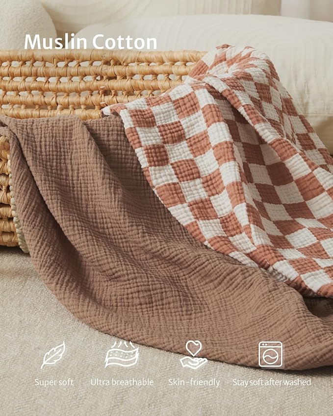 Blissful Diary Muslin Changing Pad Cover for Baby Girls Boys, Ultra Soft Breathable Cotton, Baby Diaper Change Table Pad Covers, 2Pack (Checkered Brown & Brown)