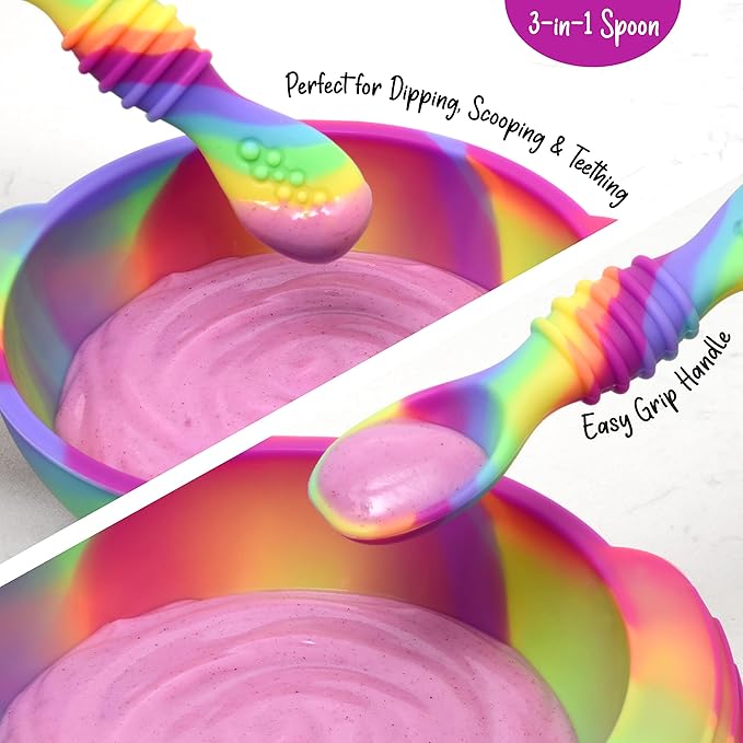 PrimaStella Unbreakable Silicone Non-Slip Baby & Toddler Plate and Spoon Feeding Set - Rainbow Swirl