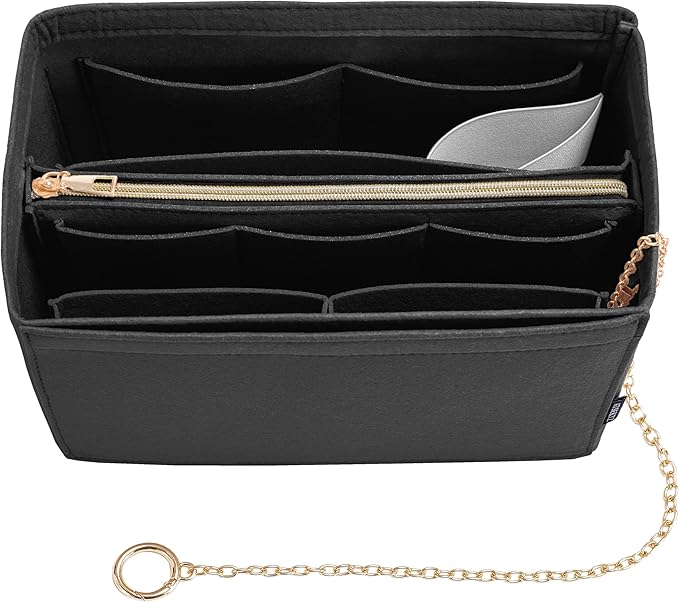 Purse Organizer Insert, Handbag Organizer with Zipper, Tote Shaper with Cup Holder & Keychain, Compatible with LV, Neverfull, MK, COACH, Longchamp, Kate Spade – Black-XL