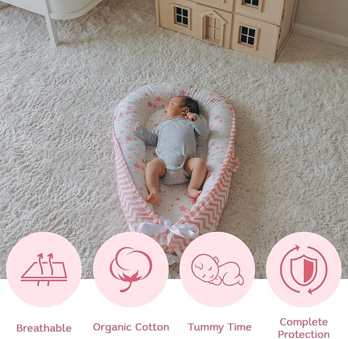 Aila+Aiden Baby Lounger | Organic Cotton Infant Lounger | Reversible, Adjustable & Portable Floor Lounger | Supervised Use | Soft, Breathable, Washable Cover - Star Collection (Pink)