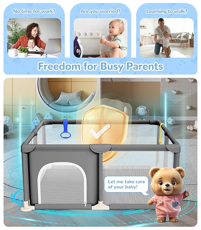 Dripex Baby Playpen, 47×47 Inch Small Playpen for Babies, Enhanced Safety Baby Play Yard for Indoor & Outdoor, Infant Play Pen with Soft Breathable Visible Mesh, Anti-Fall Design & Easy Setup, Grey