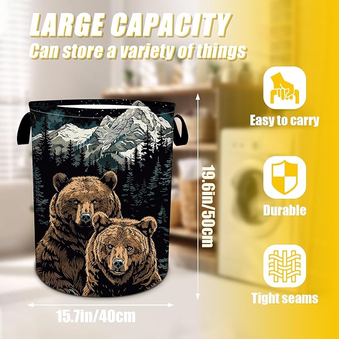 Mountains Bear Laundry Basket,Laundry Hamper With Handles Collapsible Laundry Baskets Waterproof Dirty Clothes Hamper Storage Basket Toy Bins For Room Bathroom Bedroom Decor
