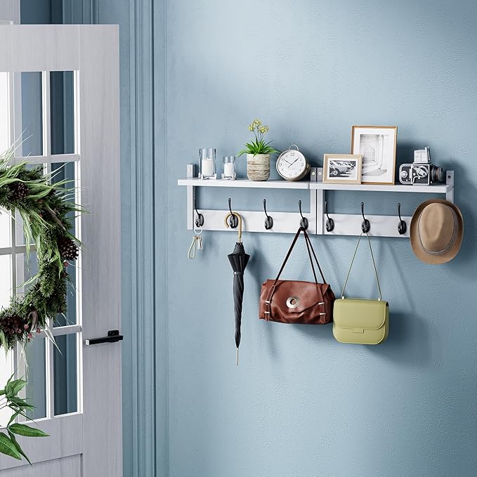 STELLSTAR Coat Rack with Shelf Wall Mount, Entryway Bamboo Hanging Shelf, Set of 2, Wall Hook Rail for Hallway Décor, Storage Clothe, Hat, Robe, Key, Dog Leash (White+Black)