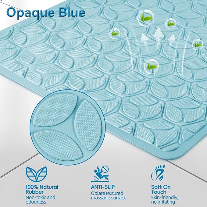 Bathtub Mat Non Slip with Suction Cups - 100% Rubber Bathroom Mat Textured for Bath Tub Shower Safety - Soft on Touch - BPA/PVC Free - Pet Dog Bath Mat - Machine Washable - 16 × 28 Inch（Blue）