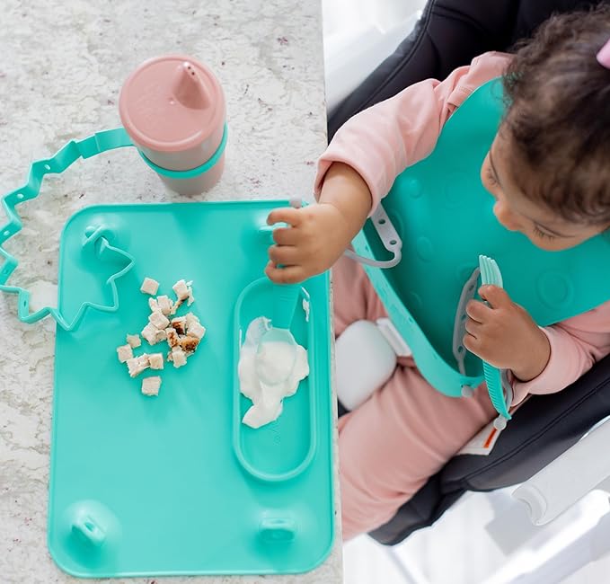 BUSY BABY Silicone Mat - New and Improved Suction Cups, 4 Straps to Secure Baby Essentials, Self Feeding, Baby Led Weaning, Travel Sleeve Included (Pink)