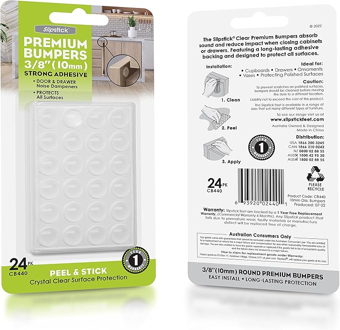 Slipstick Premium Cabinet Door Bumpers 3/8” Round Clear Adhesive Pads, Cabinet Stoppers, Rubber Bumpers for Drawers, Cupboards, Cutting Boards, Glass Tops, Picture Frames, Furniture, 24 Dampers