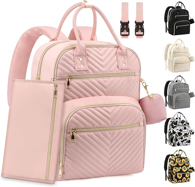 Pritent Diaper Bag Backpack,Baby Essentials Diapers Bag with Pacifier Case,Multipurpose Stylish Large Capacity Travel Backpack for Baby Girl/Boy(L-Pink)