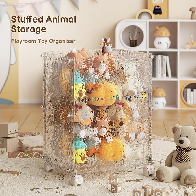 YikeChai Stuffed Animal Storage with Wheels, Rolling Toy Storage Bin, Slim Tall Kid-Safe, Impact-Resistant Organizer for Playroom/Nursery/Bedroom, 360° Wheels, Fits Yoga Mats & Sports Gear (Glacier)