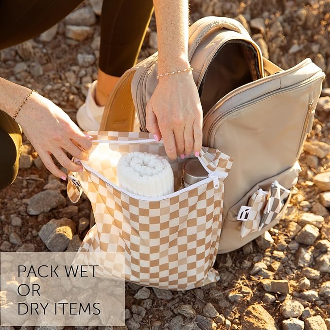 Bumkins Roamio Waterproof Wet Bag for Baby, Travel, Swim Suit, Cloth Diaper, Pump Parts, Pool, Gym Clothes, Beach, Toiletry, Hook to Stroller, Daycare, Zipper Reusable Bag, Wetdry Packing, Beige Check