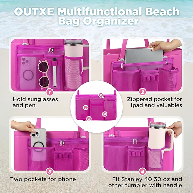 OUTXE Organizer Holder for Bogg Simple Modern Bag Accessories, Cup Phone Holder compatible with Stanley, Storage Mesh Divider Organizing Insert Pouch for XL Bog Beach Rubber Tote, Hot Pink