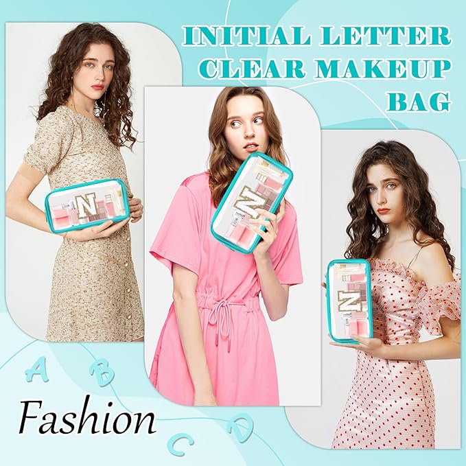 Personalized Initial Letter Clear Makeup Bag,Preppy Small Nylon&PVC Cosmetic Zipper Bag with Chenille Letter,Portable Beach Travel Skincare Toiletry Bag,Trendy Monogram Gift for Teen Girls Women,N