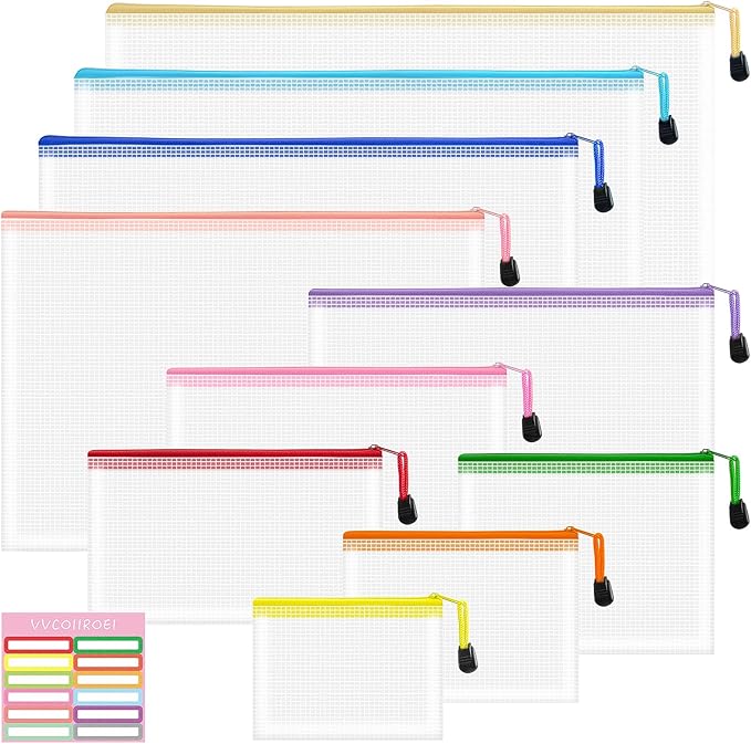 VVCOIIROEI 10pcs Mesh Zipper Pouch Bags, 10 Sizes Zipper Bags for Organizing, Mesh Bags with Zipper, 10 Colors Plastic Zipper Pouches, Puzzle Bags, Board Game Storage Bags, Travel Pouch