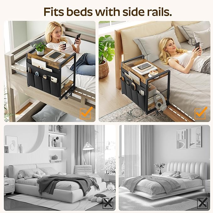 Bedside Shelf, Bunk Bed Shelf with Fabric Pockets Storage, Clip-on Loft & Bunk Bed Tray Shelf for College, Nightstand for Apartment, Sofa, Bedroom, Rustic Brown and Black ET20BR