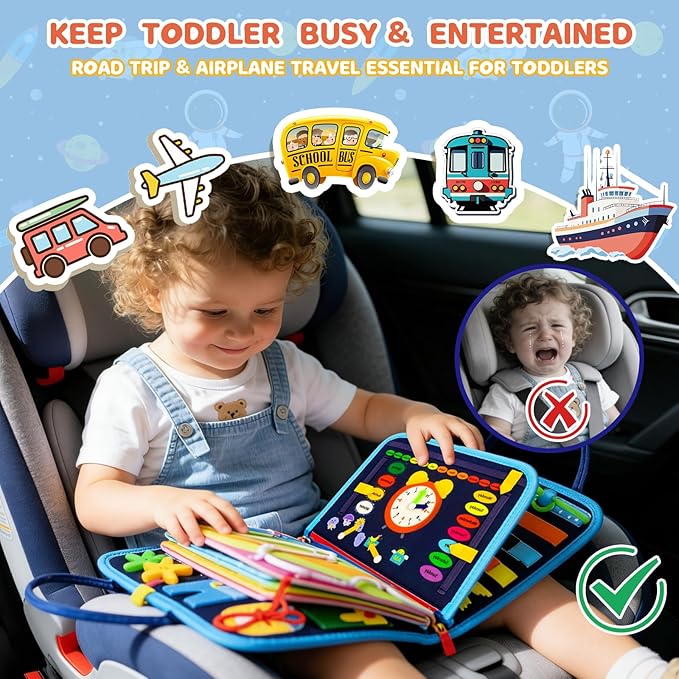Toddler Busy Board Montessori Toys, Busy Book Educational Learning Toys for Toddler Boys, Activity Book Sensory Toy with Life Skills, Kids Travel Toy for Airplane Car Toddlers Christmas Birthday Gift